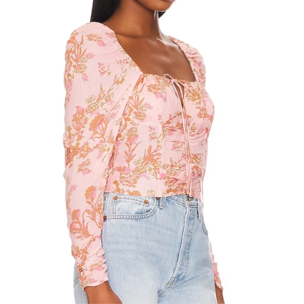 Free People Dusty Pink Floral Ruched Square-Neck Puff Sleeve Crop Top